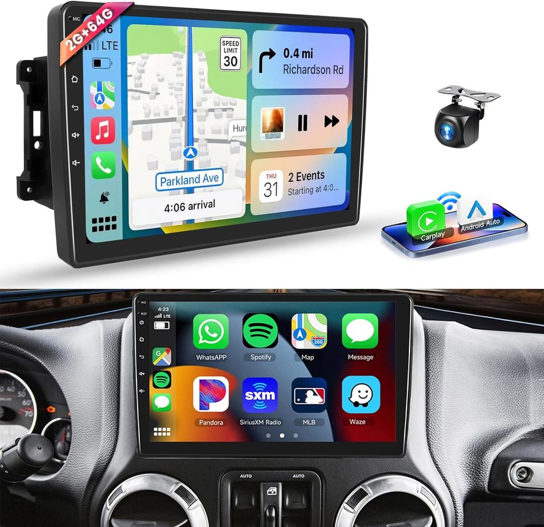 2+64G For Jeep Wrangler JK Compass Grand Cherokee Dodge Ram 1500 Car Radio Wireless Carplay/Android Auto,Android Car Stereo 10 Inch Touch Screen GPS WiFi Bluetooth FM Mirror Link SWC+Backup Camera&Mic