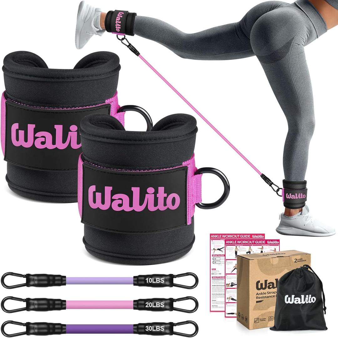 WALITO Ankle Resistance Bands with Cuffs, Exercise Bands for Legs and Butt, Booty Workout Equipment for Kickbacks and Hip Fitness Training (Black pink)