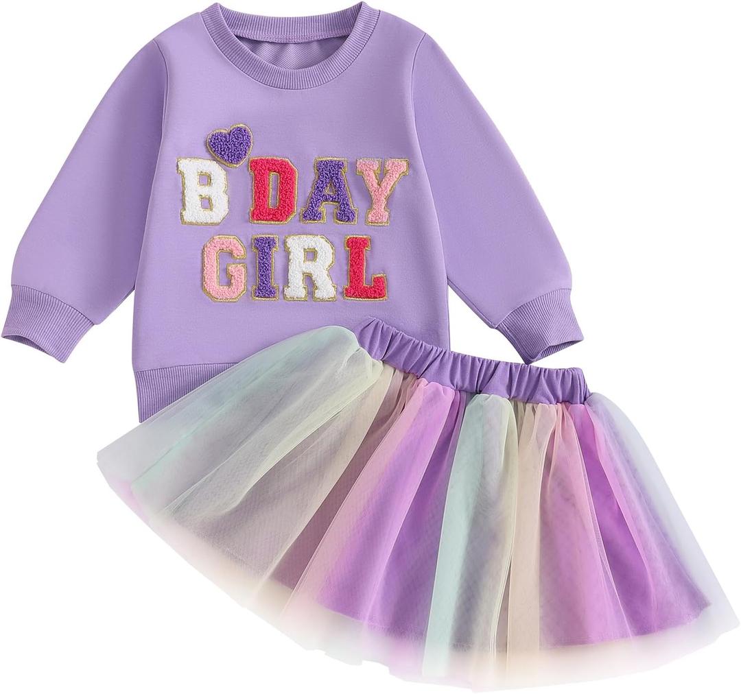 Toddler Baby Girl Birthday Outfit Letter Embroidery Long/Short Sleeve Sweatshirt Tutu Dress Skirts Birthday Gift (9-10 Years, Purple)