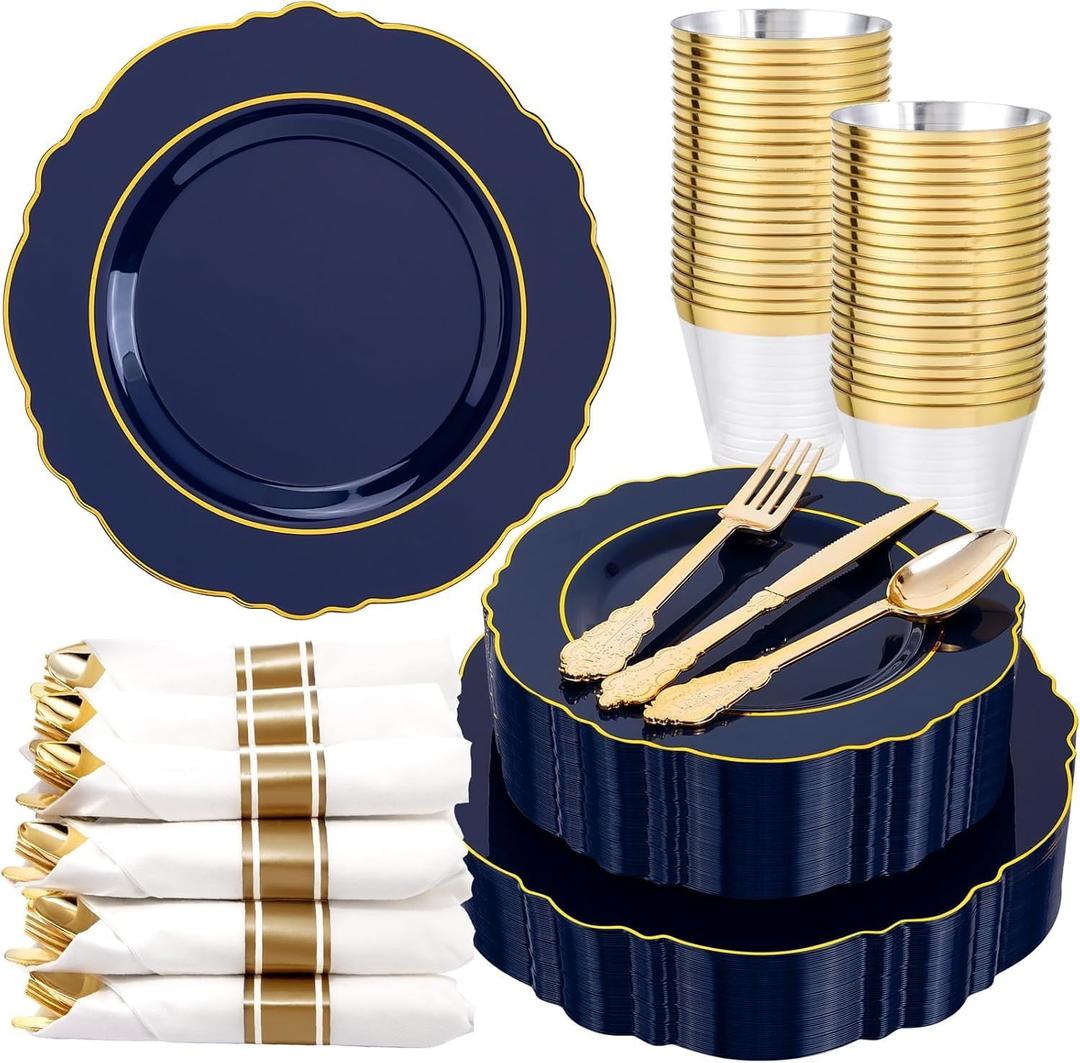 Liacere 350PCS Navy Blue Plastic Plates-Disposable Blue Gold Plates 50guest Plastic Dinnerware include 100Plates,50Pack Pre Rolled Napkins with Silverware 50Cups for Graduation & Memorial Day