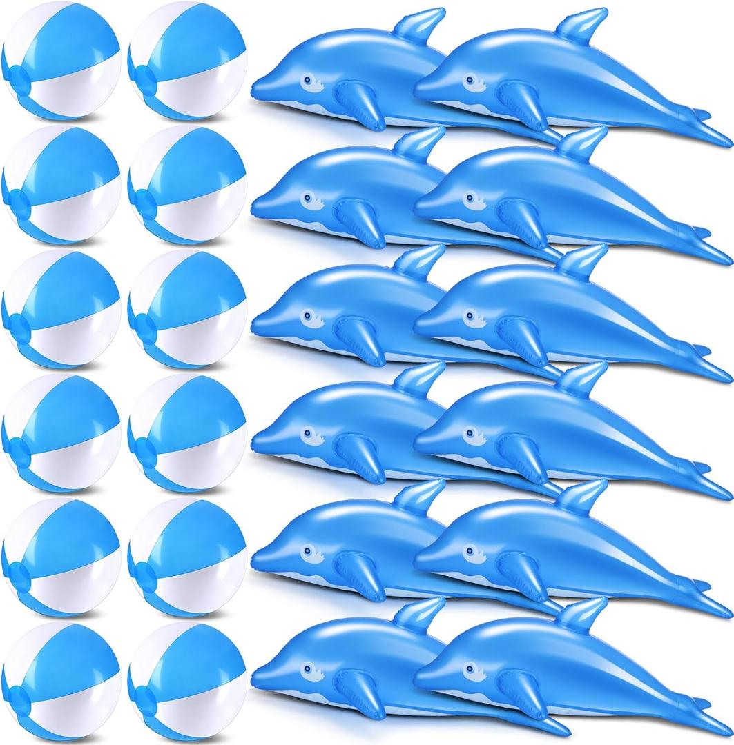 Realspring 24 Pcs Beach Balls Inflatable Dolphin Party Favors Set with 20'' Dolphin Pool Float and 16'' Blow up Pool Balls Bulk for Summer Beach Swimming Party Decorations (Blue)