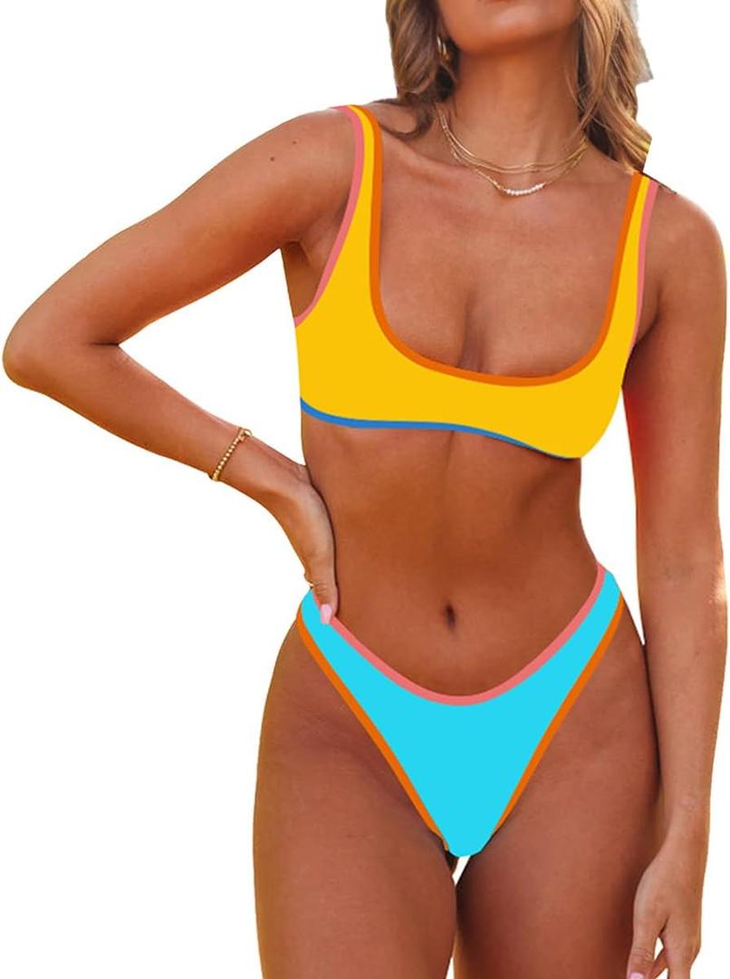 SherryDC Women's Sexy Scoop Neck Bikini Sets Color Block High Cut Thong Brazilian Two Pieces Swimsuit Bathing Suit, Small