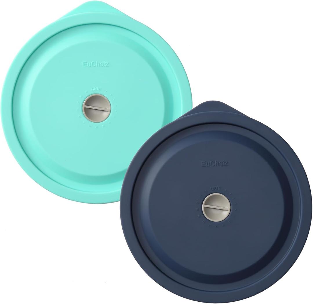 Replacement Lids for Pyrex 7402-PC 7 Cup, Silicone Round Storage Cover Lid for Anchor Hocking Glass Bowl 2 Pack with Date Mark (Dark blue-Turquoise 2 pcs)