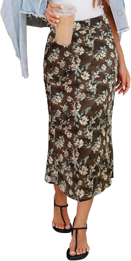 HERBATOMIA Women’s Floral Print Midi Skirt Casual High Elastic Waist Zipper Vintage Long Boho Skirts for Women Small