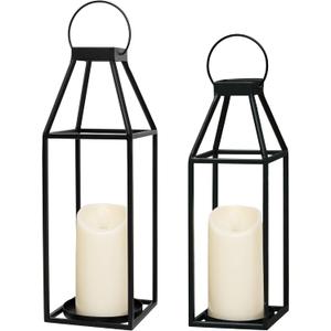 HPC Decor Black Metal Candle Lanterns Set of 2- Lanterns Decorative with Flickering Timer Candles- 17.4'' & 15'' Rustic Farmhouse Lanterns Candle Holder for Indoor, Outdoor, Tabletop (No Glass)