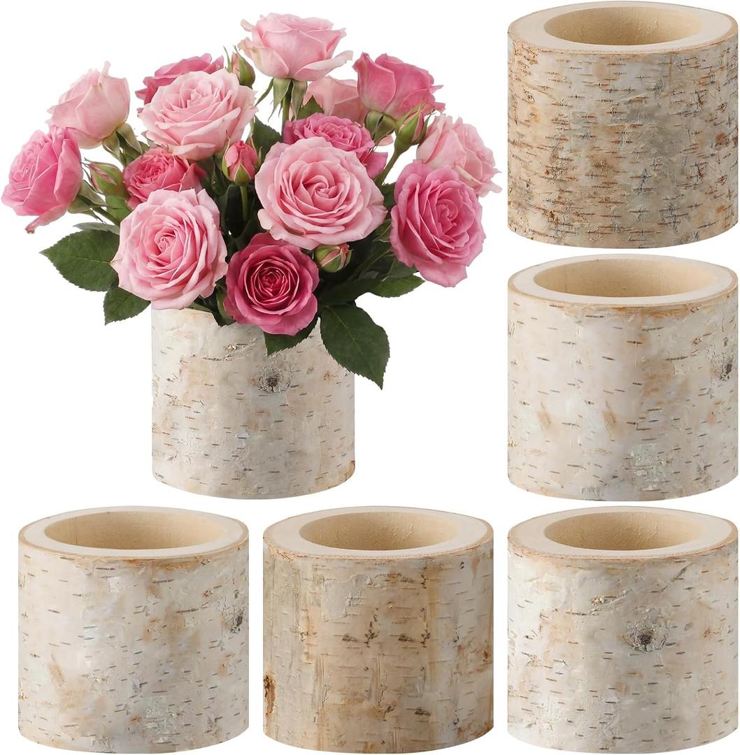6 Pcs Natural Birch Vase Wooden Vase Natural Birch Bark Flower Pots Country Style Wood Planter for Garden Wedding Party Window Home Farmhouse Centerpieces