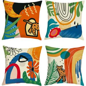 Boho Floral Geometric Throw Pillow Covers 18x18 Inch Set of 4 Abstract Modern Orange Aesthetic Floral Cushion Covers Home Decor for Sofa Couch Bed Cushion Cases
