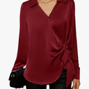 GRACE KARIN Women's Satin Silk Blouses Wrap V Neck Shirts Long Sleeve Elegant Tie Waist Office Formal Work Tunic PulloverTops Red S
