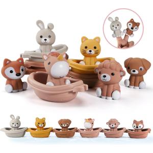 Nueplay Bathtub Toys for Toddlers 18M+Baby Bath Toys with Animal Finger Puppets Stackable Boat Train Gift for Baby & Toddlers Set of 12
