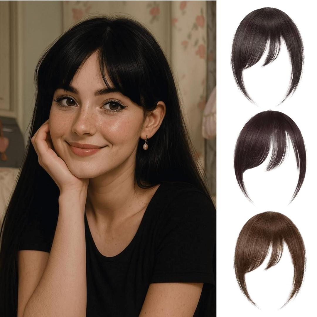 Long Side Bangs Hair Clip - 100% Real Human Hair Clip-In Extensions | Black Straight Fake Fringe with Temple | Thick Swept Bangs for Women