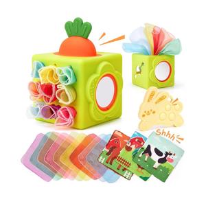 hahaland Baby Tissue Box Toy - Silicone Baby Toys 6-12 Months Montessori Toys for 6 Month Old Easter Basket Stuffers, 6-in-1 Soft Busy Activity Cube Scarves, Crinkle, Textures, Mirror, Sensory Popper