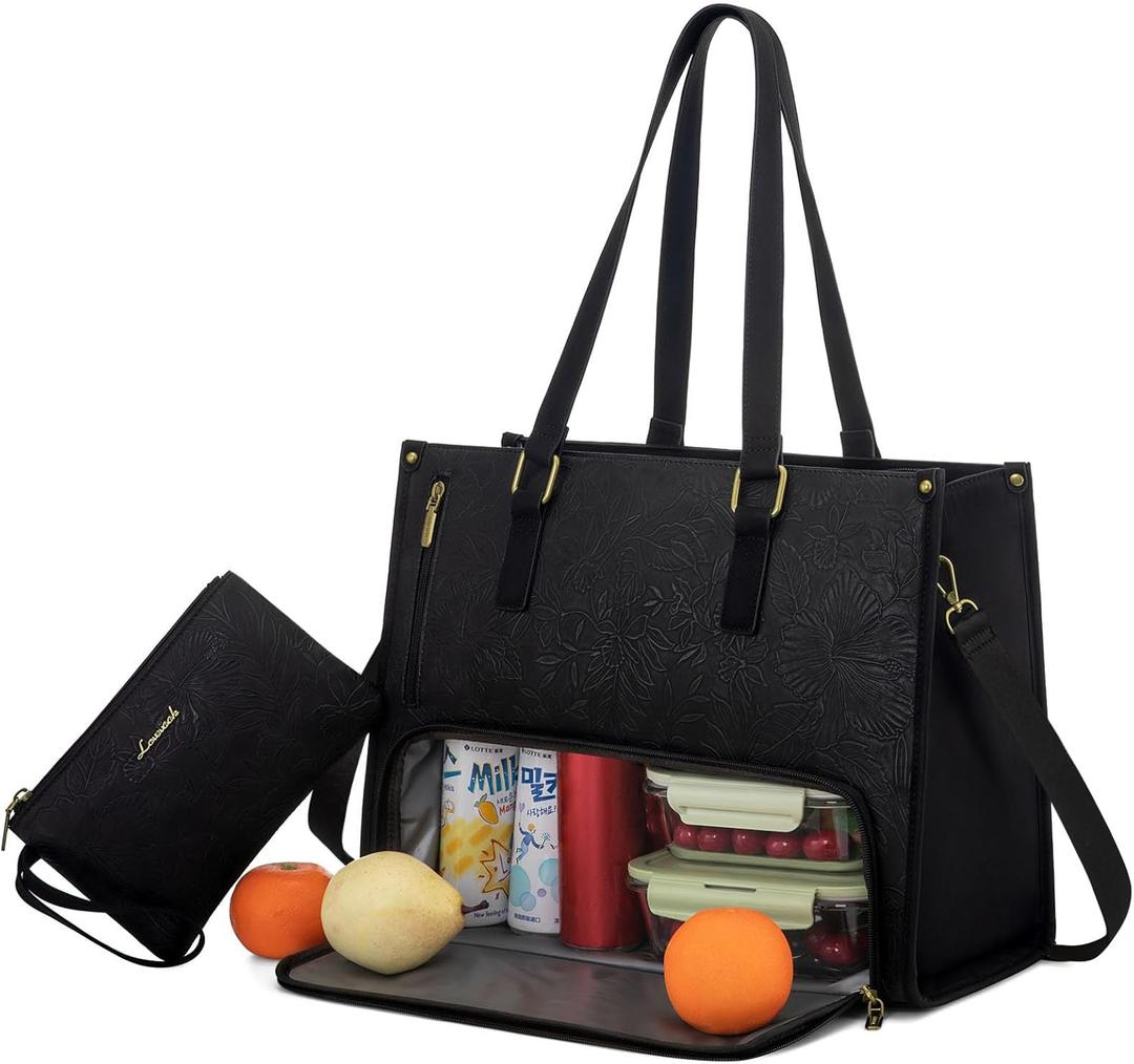 LOVEVOOK Lunch Tote Bag for Women, 15.6 Inch Laptop Bag with Insulated Lunch Compartment, Quilted Large Capacity Computer Handbag with Purse for Business, Work, Collage, Office, Casual, Jet Black