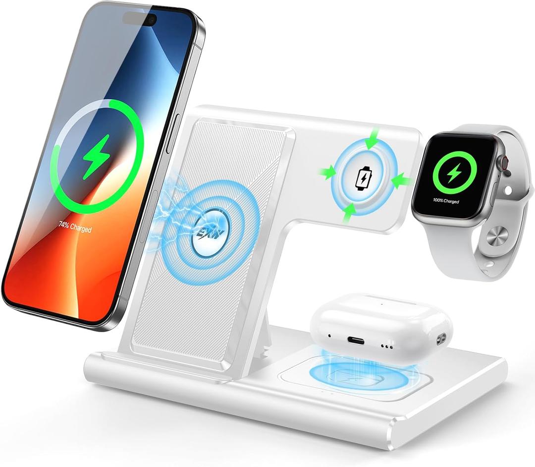 EXW Charging Station, 3 in 1 Charging Station for Apple Devices, Wireless Charger Stand for iPhone 17 Air 16 15 14 13 12 11 Pro Max XR XS 8, Apple Watch and AirPods(18W Adapter Not Included) (White)
