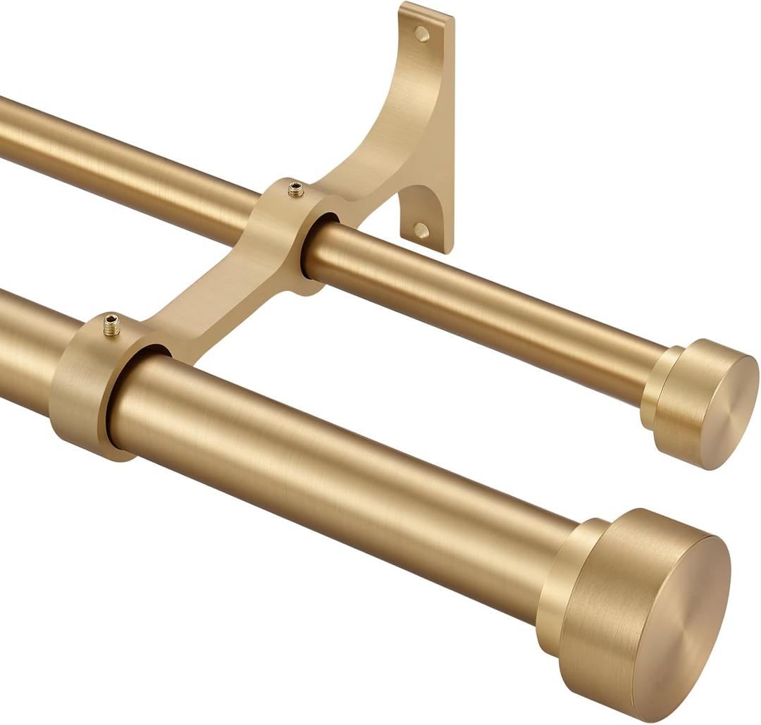 Kemmie Heavy Duty Double Curtain Rods with Cylindrical Cap Finials 72 to 144 Telescoping Rod 1 Inch Diameter Front Rod and 5/8 Inch Diameter Back Rod Window Drapery Rods, Warm Gold