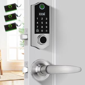 Harfo Smart Fingerprint Door Lock with 2 Lever Handles, Keyless Entry, Front Door Lock Set, Silver