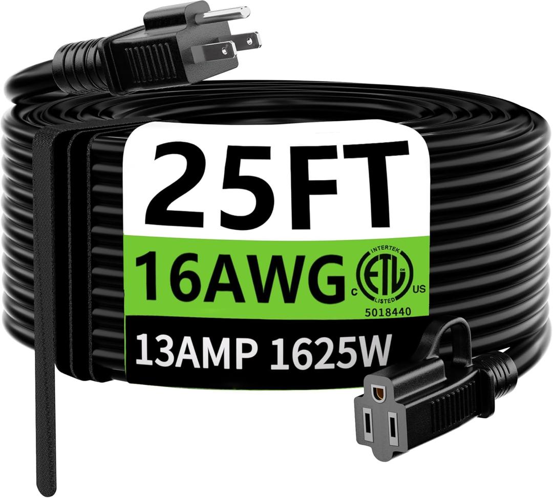 HUANCHAIN Indoor Outdoor Black Extension Cord 25 ft Waterproof, 16/3 Gauge Flexible Cold-Resistant Appliance Cable Outside, 13A 1625W 16AWG SJTW, 3 Prong Heavy Duty Electric Cord, ETL