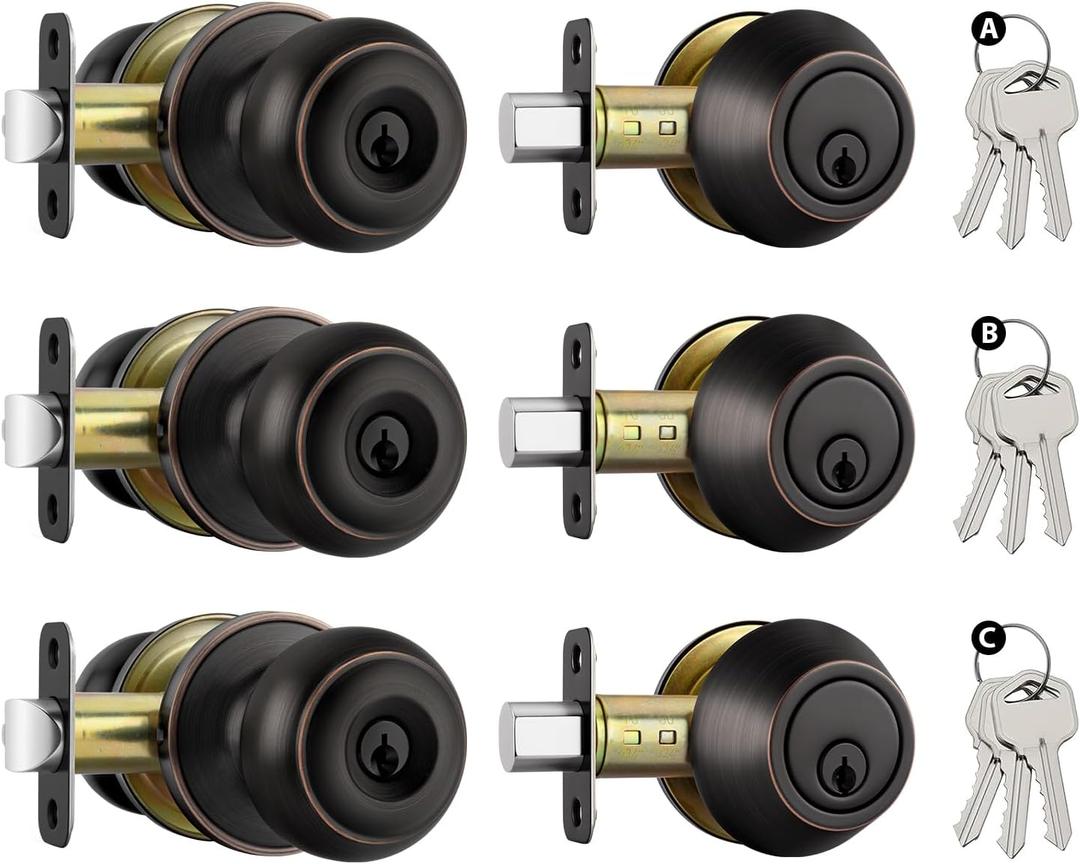 Goldenwarm 3 Pack Entry Door Lock with Deadbolt Keyed Unlike, Oil Rubbed Bronze Exterior Door Knobs with Single Cylinder Deadbolt, Stainless Steel Front Door Lock Sets for Rental Properties & Offices