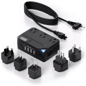 250W Converter Plug WAUDM International Travel Converter with 4 USB Ports, Reduces 220V to 110V, Suitable for 100V-240V Areas, Black