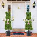 Yunlly 35" Easter Day Artificial Bunny Shaped Topiary Trees Set of 2, Uv-Resistant Faux Boxwood Rabbit Decor with Pink Bow & Easter Egg Picks, Indoor Outdoor Porch Entryway Spring Decorations