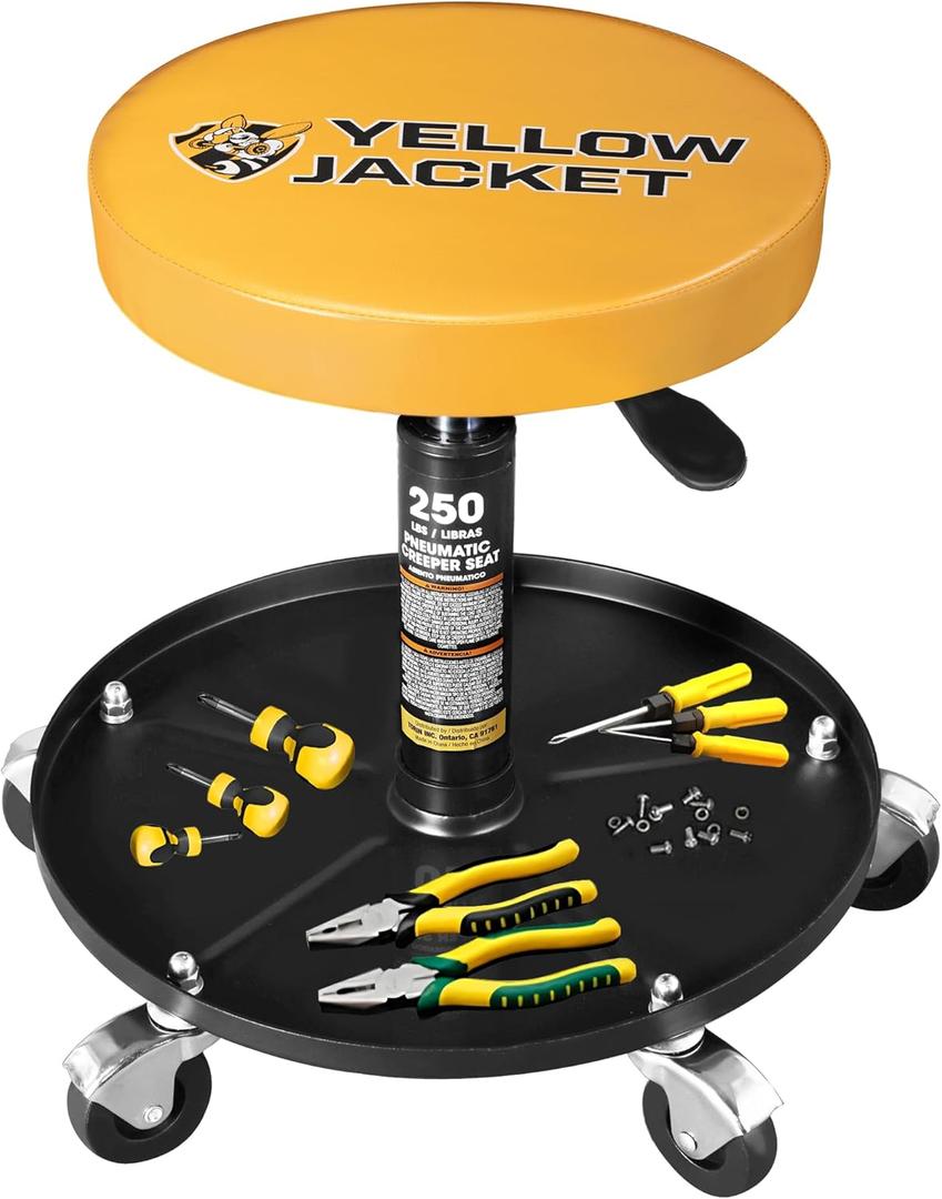 YELLOW JACKET Rolling Mechanic Stool with Wheels Pneumatic Garage Shop Seat Adjustable Height Roller Mechanics Creeper Chair with Tool Tray for Auto Repair