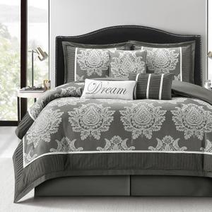 LANCO MODERN LIFESTYLE Grey Queen Comforter Set 7 Pieces, Jacquard Woven with Damask, Bedding Set in a Bag Includes Comforter, Bed Skirt, Pillow Shams, and Decorative Pillows