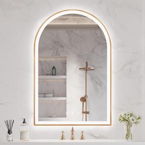 Arched LED Bathroom Mirror 20"x30", Brass Gold Bathroom Mirror with Lights-Anti-Fog, Dimmable-LED Mirror for Bathroom,3 Colors