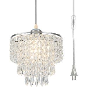 8" Hanging Lamp Plug in Chandelier Hanging Lights with Plug in Cord Pendant Light Plug in with 16.4ft Cord for Bedroom Kitchen Island Hallway Bathroom Closet (Chrome)