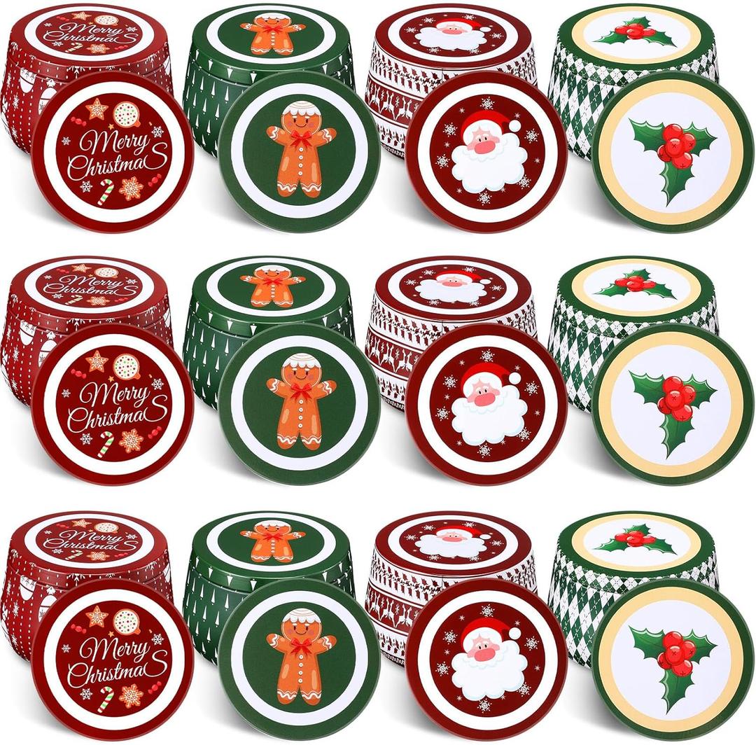 Yungyan Christmas Candle Tin Cans Set Metal Candles Tin Gifts Jars with Lids 8 oz Christmas Cookie Tins Candle Containers for Storing Biscuits Tea Party Favors(12 Pcs)