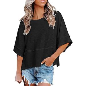 Aisongyuan Womens Fashion T-Shirt Crewneck 3/4 Sleeves Solid Color Loose Basic Tops Summer Casual Tees Blouses(Black,L)
