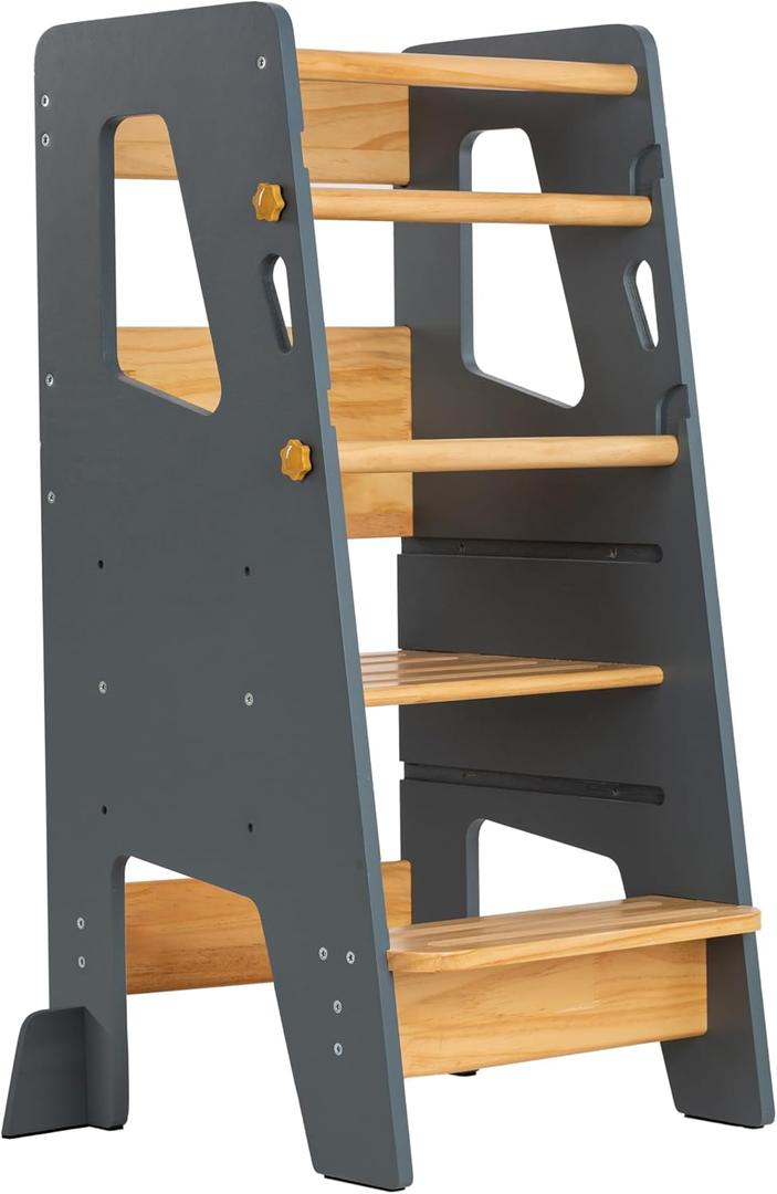 Toddler Standing Tower - Adjustable Height Toddler Kitchen Stool Helper - Ideal Kids Kitchen Step Stool for Learning New Skills - Updated Design with Safety Feet (Gray)