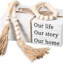 Jetec Decorative Display Books Hardcover, Faux Farmhouse Stacked for Coffee Tables Shelves with Wood Bead Tassels 58 Inch, 3 Pieces, White(Our Life, Our Story, Our Home)