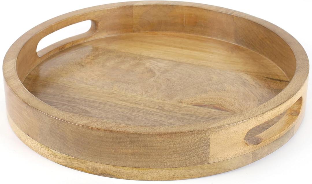 Round Wooden Tray - 12" Decorative Wood Serving Tray - Perfect for Breakfast, Lunch, Dinner, Appetizers, Patio, Ottoman, Coffee Table - Durable Living Room Couch Tray (Natural) - ALPHA Living HOME
