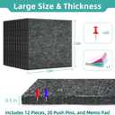 Large Cork Board for Walls - 12 Pack Black Felt Wall Tiles with Safe Removable Adhesive Tabs for Office Pin Board, Tack Board, 47"x35", Includes Push Pins & Sticky Tabs (Gray)