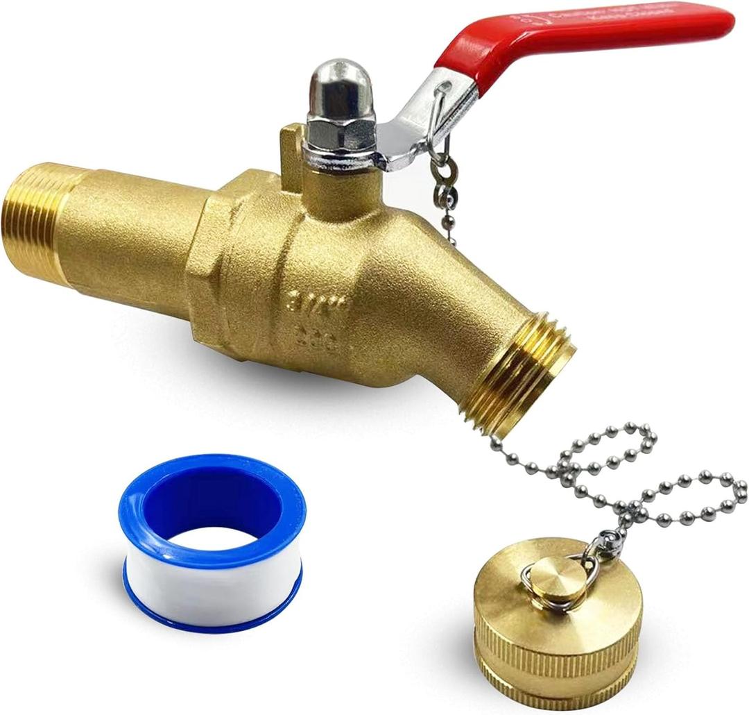 Upgrade Water Heater Drain/Flush Ball valve kit, Full-Port Valves 3/4"MIP x 3/4" Male GHT Connection to Hot Water Heater Tank, 2 inch Shank, 180 degree Handle with Chain, Cap and Thread Tape