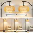 Arc Floor Lamps for Living Room Rattan Boho Floor Lamp with Remote Control,Dimmable LED Floor Lamp Wicker Lamp Shades Black Standing Lamp with 3 Color Temperature Tall Floor Lamps For Bedroom Corner
