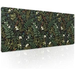 Black Aesthetic Vintage Botanical Gaming Mouse Pad XL Cute Forest Green Plant Nature Floral Extended Large Big Mousepad Non-Slip Stitched Edge Long Mat for Desk Office Computer, 31.5×11.8 in