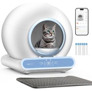 Self Cleaning Litter Box, Integrated Safety Automatic Cat Litter Box Self Cleaning 65L+9L for Multiple Cats, App Control, Odor Removal, Includes Mat & Liner (3 Rolls) - Blue
