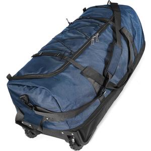 110L Expandable to 140L 32 Foldable Oxford Soft-Sided Rolling Duffle Bag with 2 Heavy-Duty Wheels,3 Large Compartments,Adjustable Shoulder Strap and Attached Organizer Pouch,Navy Blue, 14 x 19.7 x 31.5 inches
