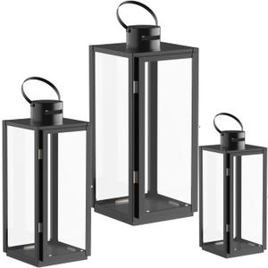 Matico Stainless Decorative Candle Lantern Set of 3, Hanging Decor Hurricane Lantern Candle Holder for Festival Ceremony Home Decor, Both Indoor & Outdoor Use, Black