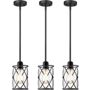 Glass Pendant Lights Kitchen Island 3 Pack, Black Kitchen Pendant Lighting Over Island with Rod, Modern Mini Hanging Light for Sink Dining Room, CH9176BK-3PK