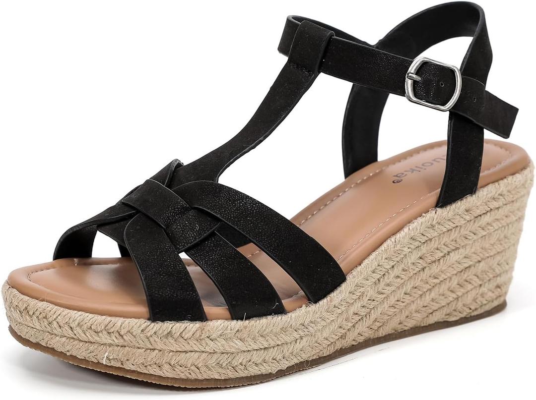 Luoika Women's Wide Width Wedge Sandals, Platform Ankle Strap Open Toe Espadrille Wedge Pump Heel Women's Sandals Concise Casual Summer Shoes. 23001,Black,11XW