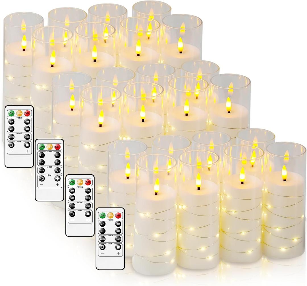 Flameless Candles, with Embedded Star String, Battery Operated Candles Flickering LED Pillar Candles with Remote Control and Timer, Home Decoration Add a Warm and Romantic Atmosphere Set of 24 (White)