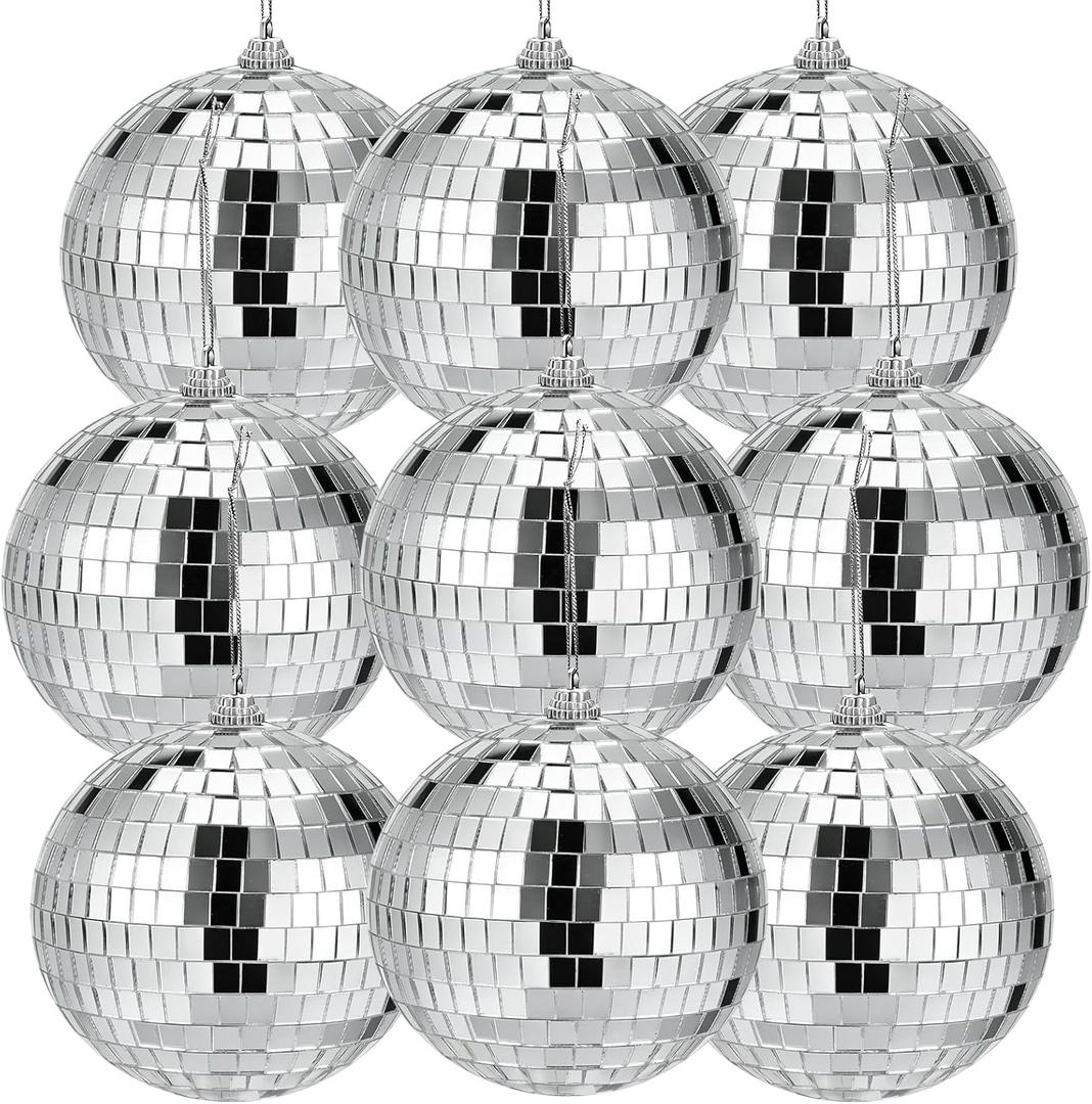 Suwimut 9 Pack Mirror Disco Ball, 4 Inch Small Mirror Ball Ornaments Silver Hanging Disco Balls with Attached String for Reflect Light, Party Favor, Home Bands Decorations, Stage Props, Christmas