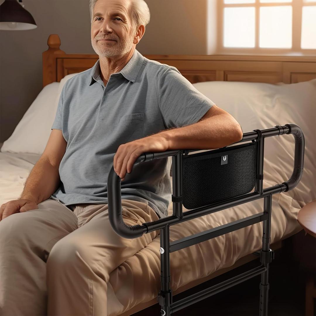 FORTEMOTUS Bed Rails for Elderly Adults Safety Foldable - Heavy Duty Bed Assist Rails for Senior, with Extendable Bed Guard Rails, Adjustable Heights, Storage Pocket& Safety Belt, can Withstand 450LB (For 4''-8'' Mattress)