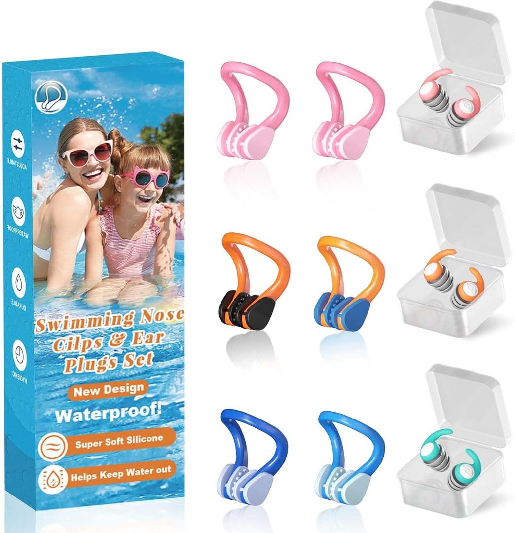 Swimming Nose Clip Ear Plugs - 9 Packs Silicone Swim Nose Plugs with Earplugs for Kids,Waterproof Pool Nose Plug for Diving Surfing and Other Water Sports with Storage Box,Multi-Color (Kids (Ages 4-12))