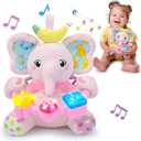 Holaxander Baby Elephant Musical Stuffed Animals Toy with LightUp Music & Crinkle Sound Paper,Infant Bilingual Early Learning Education Toys,Tummy Time Toys for 03612+ Months Boy Girl, Pink