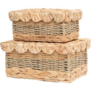 2PCS Wicker Storage Baskets with Lids Natural Handmade Scalloped Rattan Box Decorative Boho Removable Tray Lid Handles Water Hyacinth Seagrass Paper Rope Woven Bins (1 Medium 1 Small)