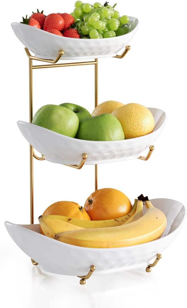 Fruit Bowl Basket for Kitchen Counter Ceramic Decrative Serving Bowl, 3 Tier Kitchen Decor Organizers and Storage for Farmhouse Snack Breads Dessert Cake Tray for Party Wedding,Gold White