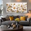 JuhaiArt Large Floral Wall Decor 3D Flower White Wall Art Elegant Gold Canvas Decor for Bedroom Living Room Office Picture Artwork 29" x 59"