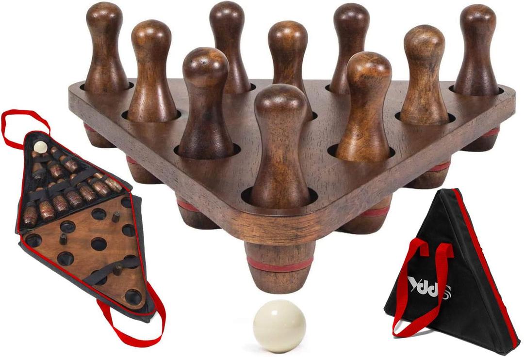 Shuffleboard Bowling Pin Set with 10 Pcs Premium Hardwood Bowling Pins Durabel Triangular Pinsetter Resin Bowling Ball and Carrying Bag, Fun for Shuffleboard Games (Retro-Red)